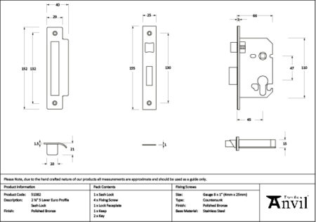 From the Anvil Polished Bronze 2½" Euro Profile Sash Lock - Image 2