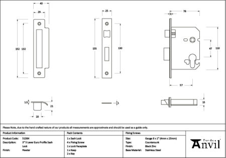 From the Anvil Pewter 3" Euro Profile Sash Lock - Pewter Patina - Image 2