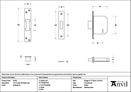 Polished SS 2½" 5 Lever BS Dead Lock | 51413 - Image 2