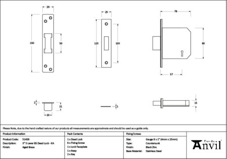 Aged Brass 3" 5 Lever BS Dead Lock KA | 51438 - Image 2