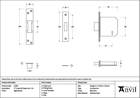 Aged Bronze 3" 5 Lever BS Dead Lock KA | 51443 - Image 2
