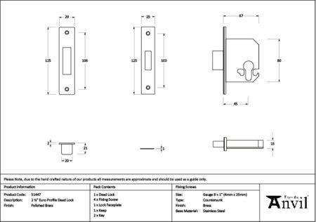 Polished Brass 2½" Euro Profile Dead Lock | 51447 - Image 2