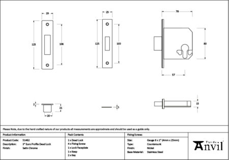 From the Anvil Satin Chrome 3" Euro Profile Dead Lock - Image 2