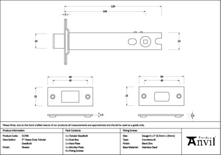 Pewter 5" Heavy Duty Tubular Deadbolt | 51706 - Image 2