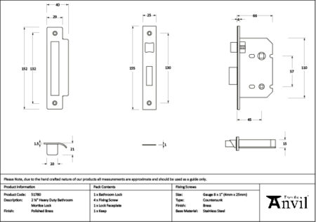 From the Anvil Heavy Duty Bathroom Mortice Lock - Polished Brass - Image 2