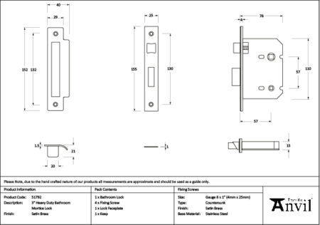Satin Brass 3" Heavy Duty Bathroom Mortice Lock | 51792 - Image 2