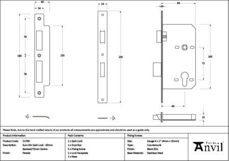 Pewter Euro Din Sash Lock - 60mm Backset/72mm Centre | 51799 - Image 2