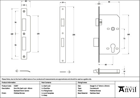 Polished Bronze Euro Din Sash Lock - 60mm Backset/72mm Centre | 51807 - Image 2