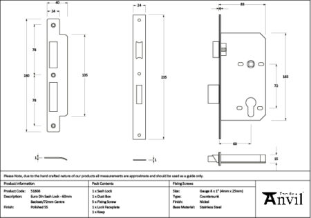 Polished SS Euro Din Sash Lock - 60mm Backset/72mm Centre | 51808 - Image 2