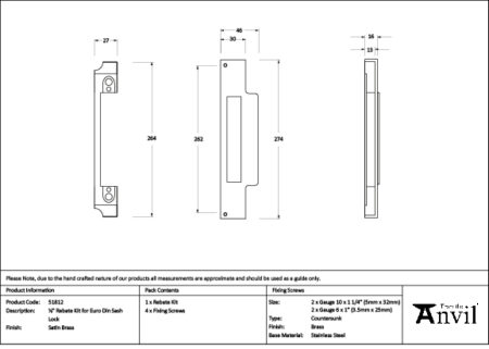 Satin Brass ½" Rebate Kit for Euro Din Sash Lock | 51812 - Image 2