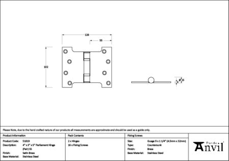 Satin Brass 4" x 3" x 5" Parliament Hinge (pair) ss | 51819 - Image 2