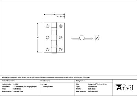 Ball Bearing Butt Hinge (pair) SS - Image 2