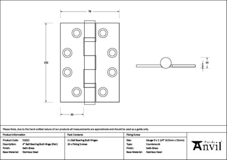 Satin Brass 4" Ball Bearing Butt Hinge (Pair) ss | 51822 - Image 2