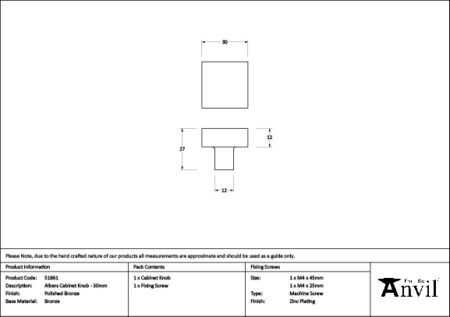 Polished Bronze Albers Cabinet Knob - 30mm | 51861 - Image 2