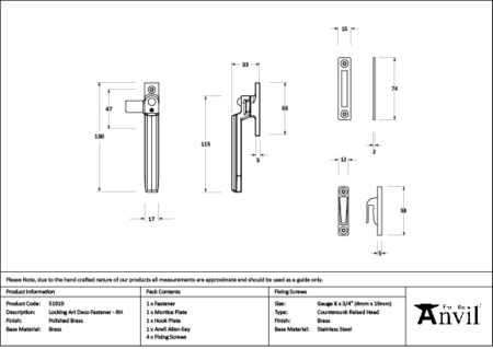 Polished Brass Locking Art Deco Fastener - RH | 51919 - Image 2