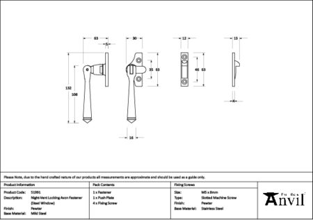 Pewter Night-Vent Locking Avon Fastener (Steel Window) | 51991 - Image 2