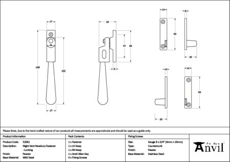 Pewter Night-Vent Locking Newbury Fastener | 52061 - Image 2