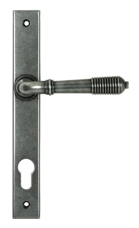 From the Anvil Pewter Reeded Slimline Lever Espag. Lock Set - Pewter Patina