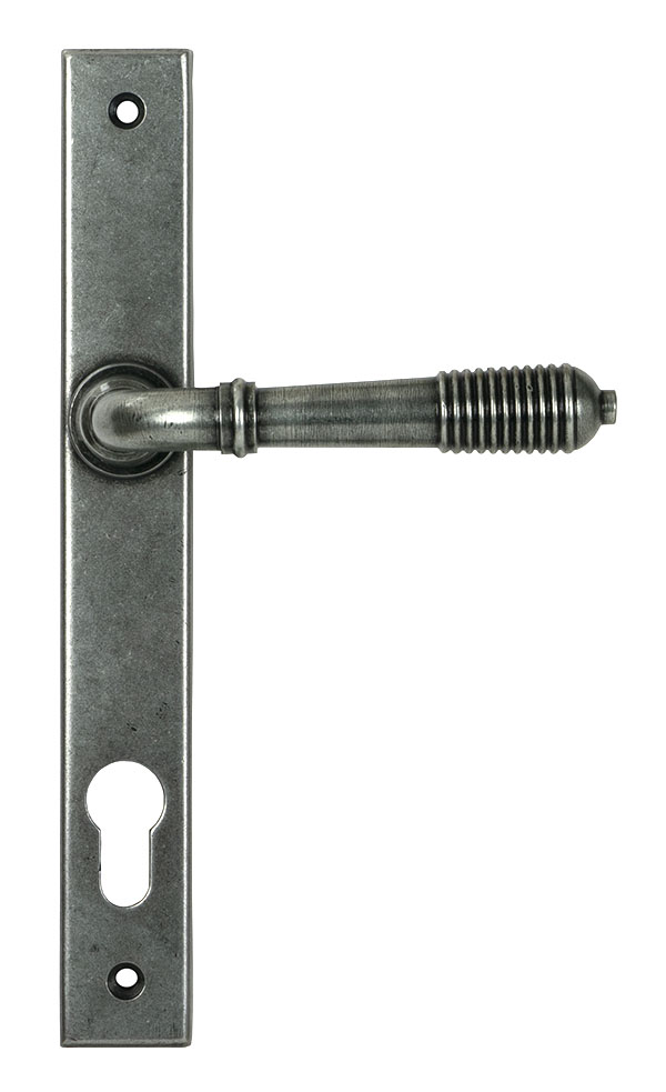 52081_main_S.jpg From the Anvil Pewter Reeded Slimline Lever Espag. Lock Set - Pewter Patina - Image 1
