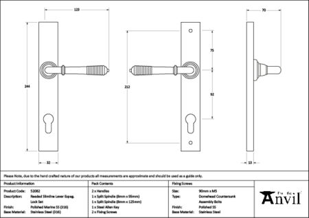 From the Anvil Polished Marine SS (316) Reeded Slimline Lever Espag. Lock Set - Image 2
