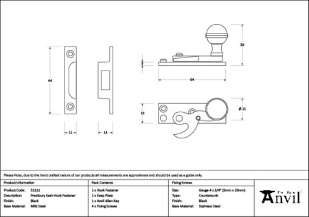 Black Prestbury Sash Hook Fastener | 52111 - Image 2
