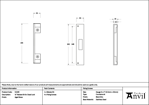 52199_Drawing_S.jpg Aged Brass ½" Rebate Kit for Dead Lock | 52199 - Image 1