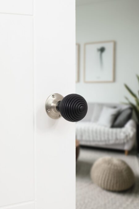 Atlantic Satin Nickel Old English Whitby Ebony Wood Reeded Beehive Mortice Knob on Face Fix Rose - (OE60RREMKSN) - Image 3