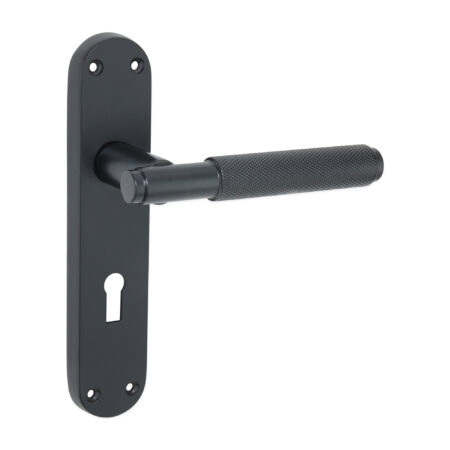 Spira Brass Matt Black Connaught Knurled Lever on Backplate Lock Door Handle Set