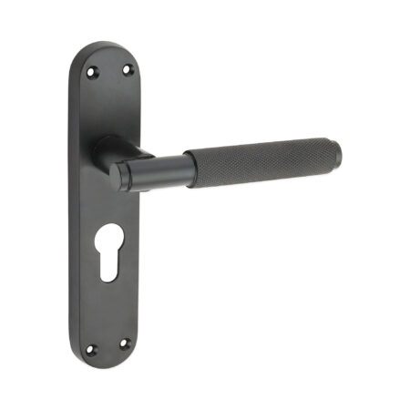 Spira Brass Matt Black Connaught Knurled Lever on Backplate Euro Door Handle Set
