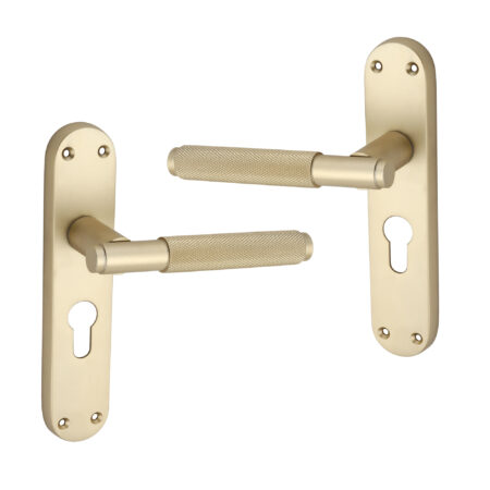 Spira Brass Satin Brass Connaught Knurled Lever on Backplate Euro Door Handle Set - Image 2