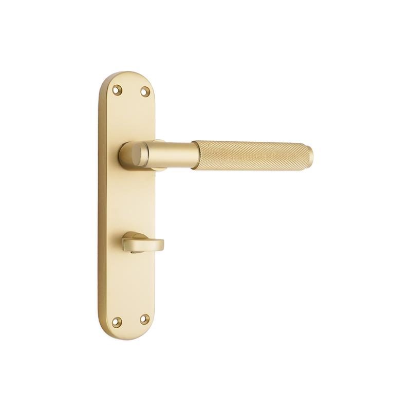 SB1407SB_1-1.jpg Spira Brass Satin Brass Connaught Knurled Lever on Backplate Privacy Door Handle Set - Image 1