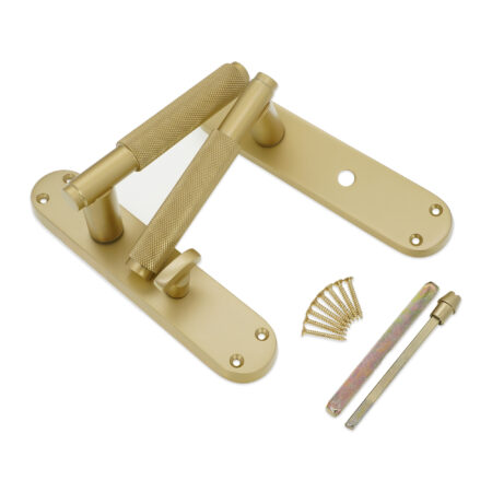 Spira Brass Satin Brass Connaught Knurled Lever on Backplate Privacy Door Handle Set - Image 4