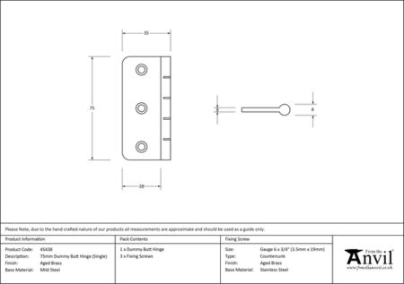 Aged Brass 3" Dummy Butt Hinge (Single) | 45438 - Image 3