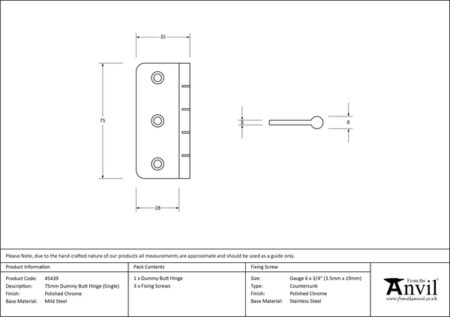 From the Anvil Polished Chrome 3" Dummy Butt Hinge (Single) - Image 3