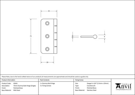 From the Anvil Polished Brass 3" Dummy Butt Hinge (Single) - Image 3