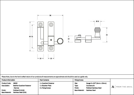 From the Anvil Polished Marine SS (316) Beehive Quadrant Fastener - Narrow - Image 3