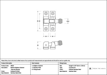 Polished Marine SS (316) Beehive Brighton Fastener - Narrow (Square) | 46624 - Image 4