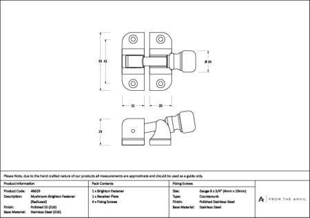 Polished Marine SS (316) Mushroom Brighton Fastener (Radiused) | 46629 - Image 4