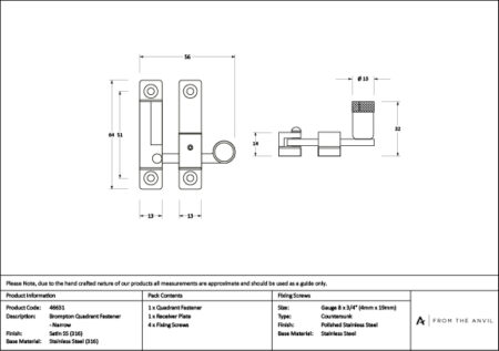 Satin Marine SS (316) Brompton Quadrant Fastener - Narrow | 46631 - Image 3