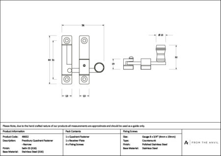 Satin Marine SS (316) Prestbury Quadrant Fastener - Narrow | 46632 - Image 3