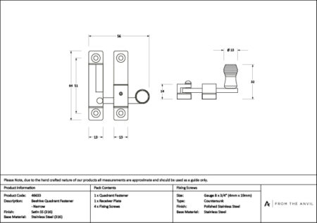 Satin Marine SS (316) Beehive Quadrant Fastener - Narrow | 46633 - Image 3