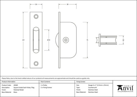 Polished Nickel Square Ended Sash Pulley 75kg | 49589 - Image 3