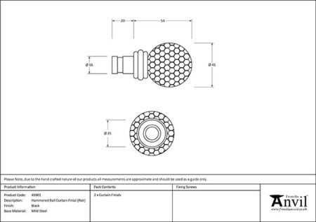 Black Hammered Ball Curtain Finial (pair) | 49901 - Image 3