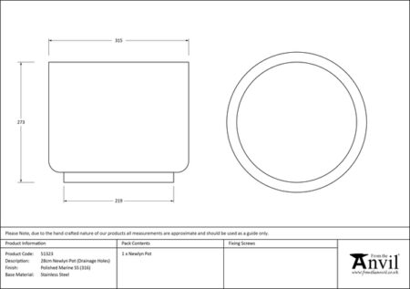 Polished Marine SS (316) 28cm Newlyn Pot (Drainage holes) | 51323 - Image 5