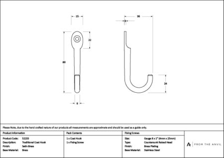 Satin Brass Traditional Coat Hook | 52233 - Image 3