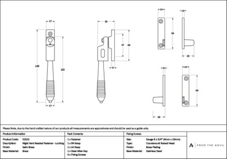 Satin Brass Night-Vent Locking Reeded Fastener | 52322 - Image 4
