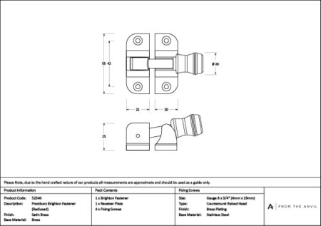 Satin Brass Prestbury Brighton Fastener (Radiused) | 52346 - Image 4