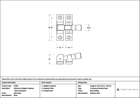 Satin Brass Mushroom Brighton Fastener - Narrow (Square) | 52356 - Image 4