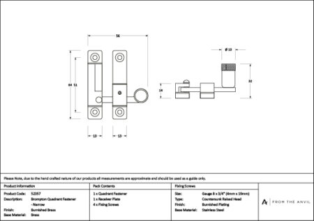 Burnished Brass Brompton Quadrant Fastener - Narrow | 52357 - Image 3