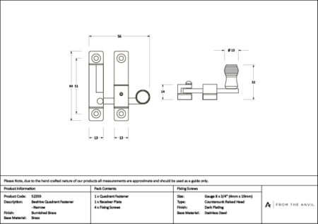 Burnished Brass Beehive Quadrant Fastener - Narrow | 52359 - Image 3